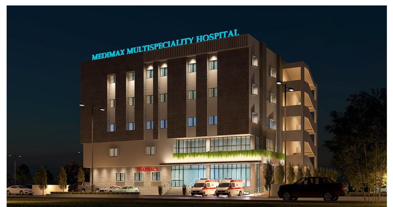 Rendering of the new Medimax Hospital building at night